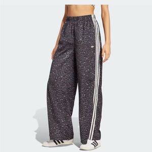 adidas Gray Leopard-Print Satin Wide Leg Track Pants with White Stripes